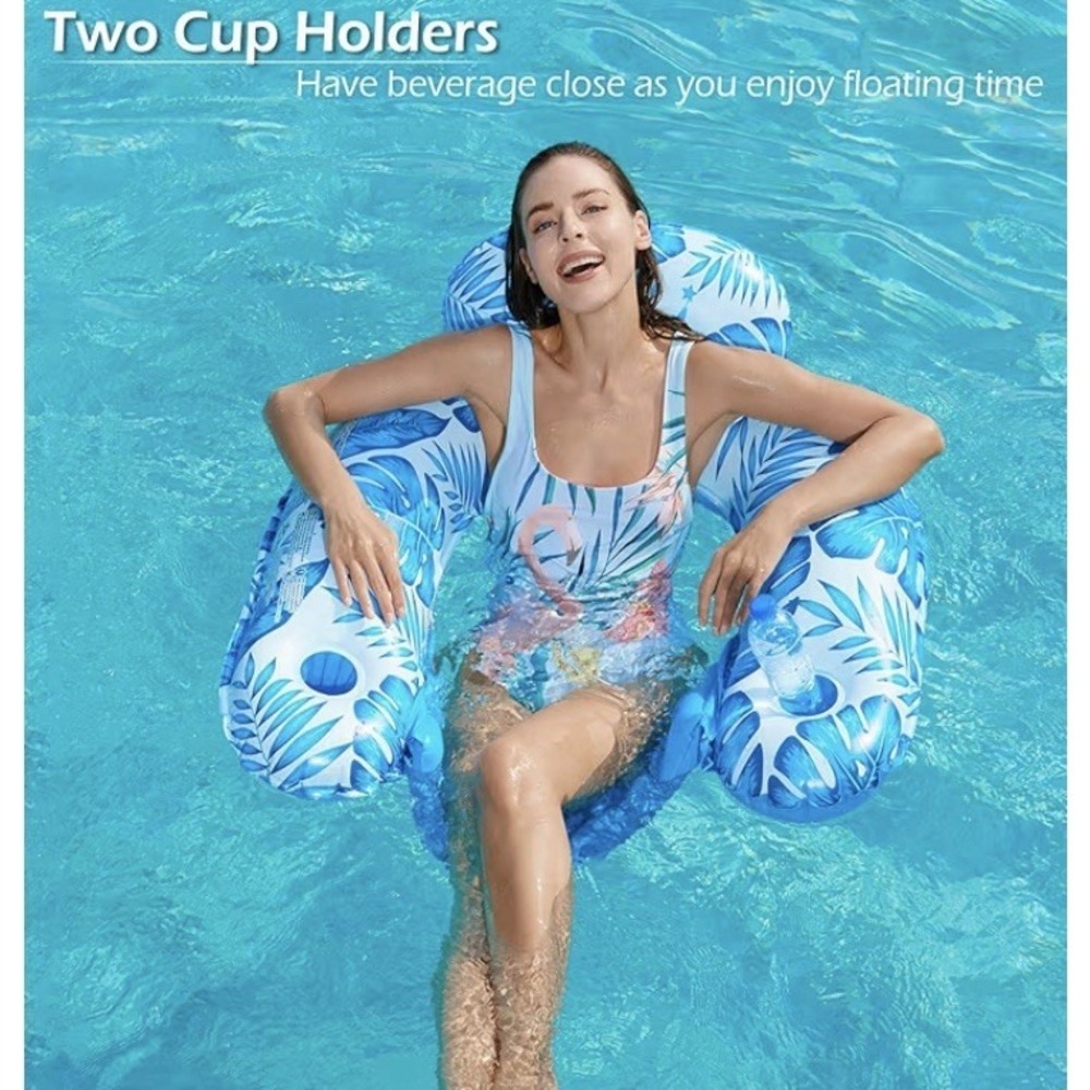 XL Inflatable Pool Float Chair Tropical Blue 2 Cup Holders Lounger New